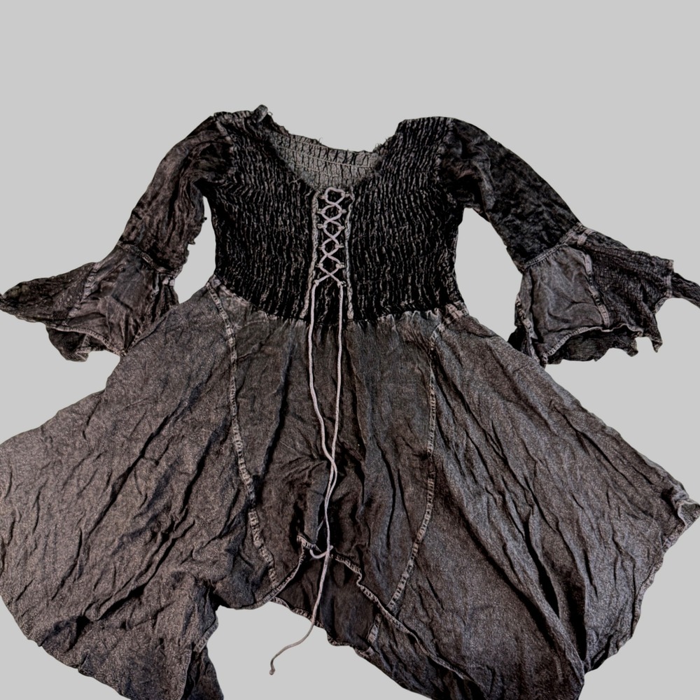 Gothic Fairy Grunge Lace Up Smocked Bell Sleeve Sharkbite Hem Dress Black Medium